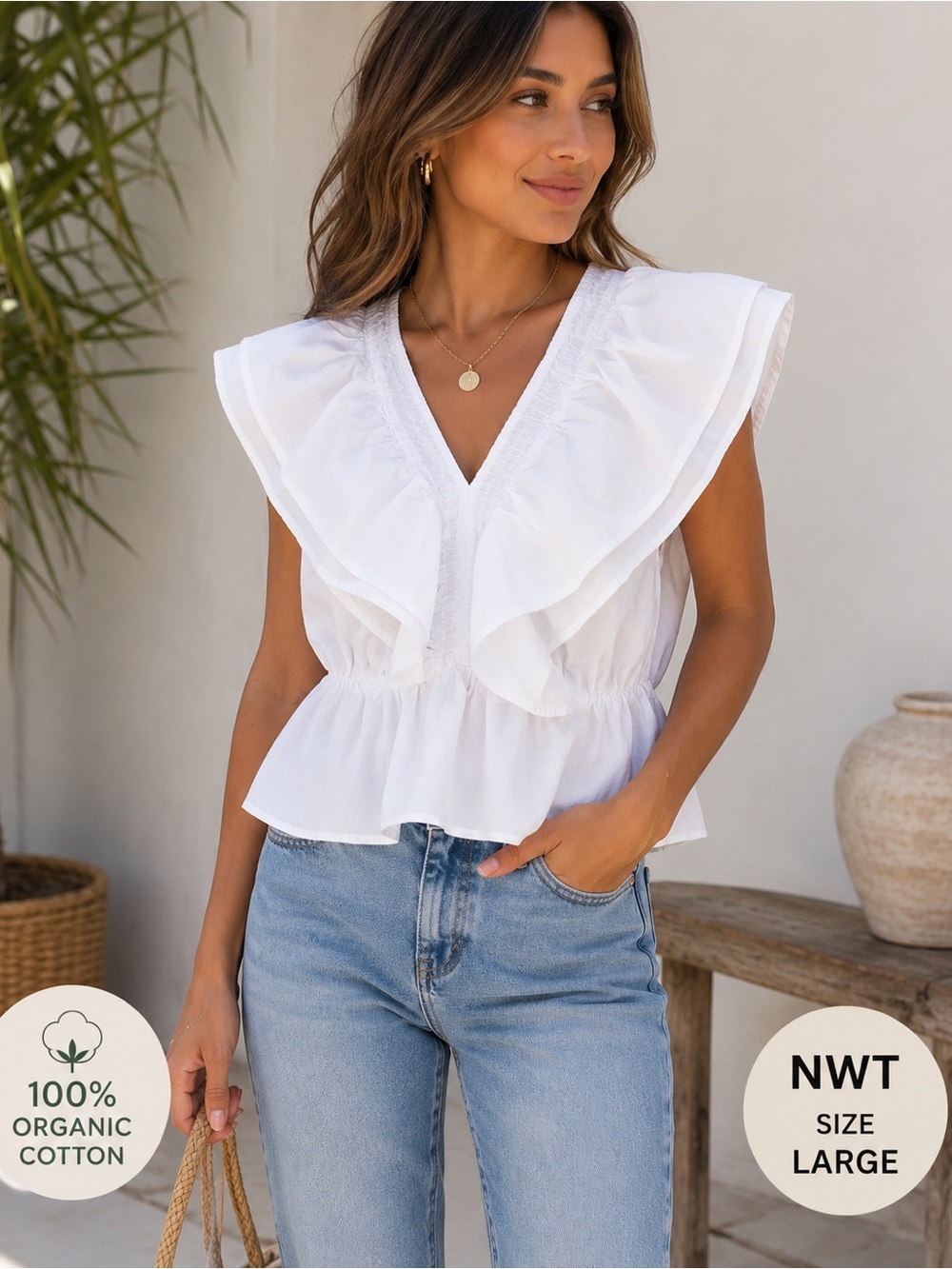 NWT Vero Moda White Ruffled V-Neck Peplum Organic 100% Cotton Blouse Large